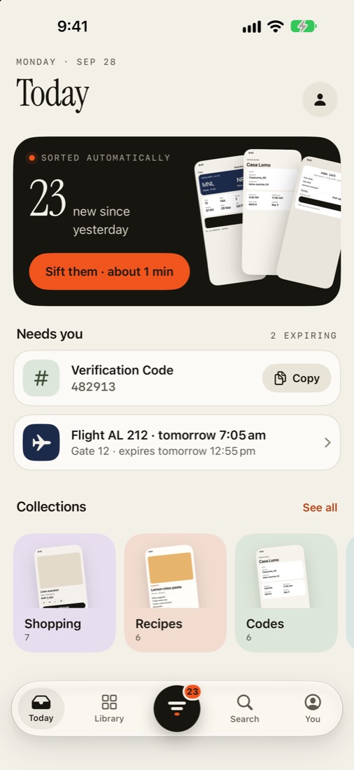 Sift's Today screen: 23 new screenshots, a flight that needs you, and collections.