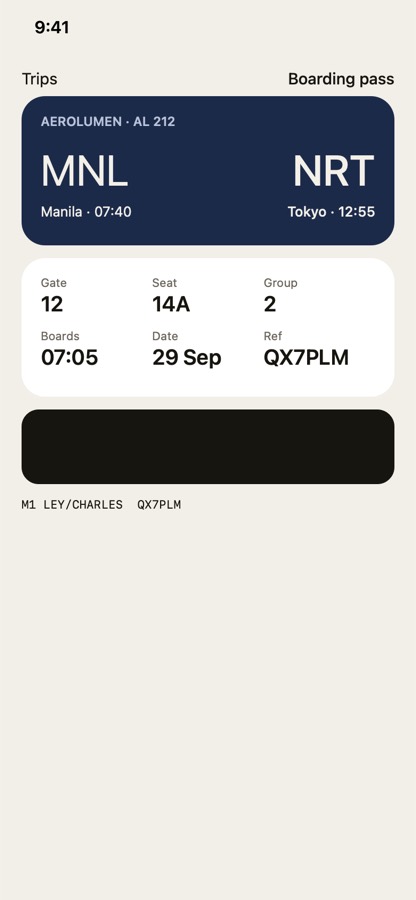 A boarding pass for flight AL 212 from Manila to Tokyo.